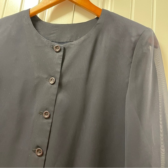 Vintage Button-Up Blouse with Sheer Sleeves Navy - M - Picture 7 of 11